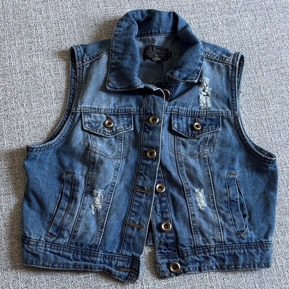 Ci Sono Girls Distressed Denim Vest in Faded Blue